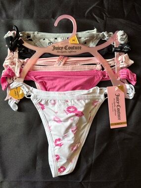 New Juicy Couture Women Pink Gray Black White Lips Thongs 5-Pack Size Medium